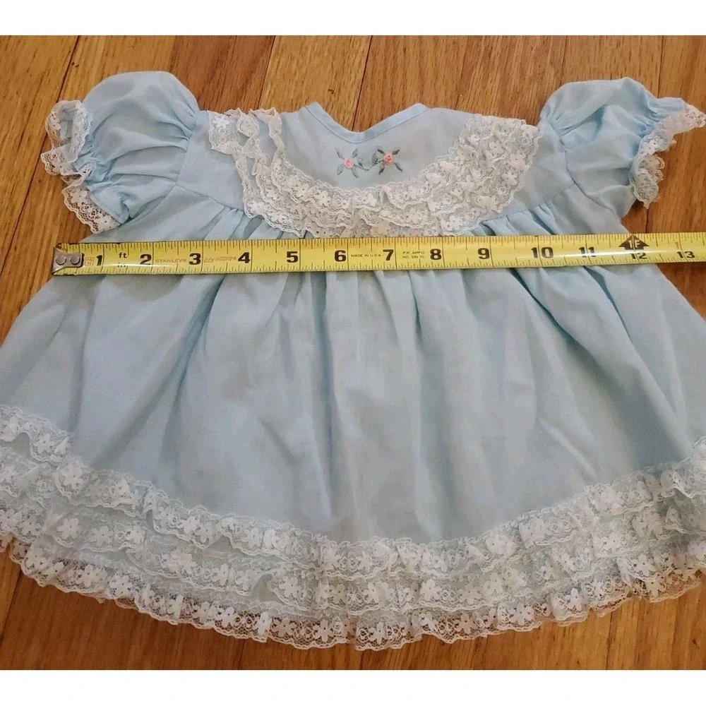 Vintage Baby Girl Dress 1-12 Months Blue Lace Trim